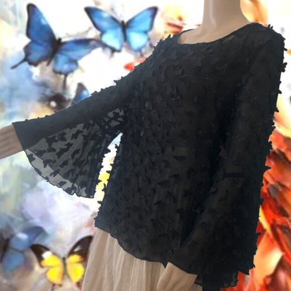 IC BY CONNIE K Black Rainbow Edges 3D Butterfly Embroidery Bell Sleeve Top Sz 2X - Picture 3 of 5